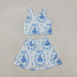 GSD3067 Princess Castle Bows Blue Yoga Girls Skorts Set
