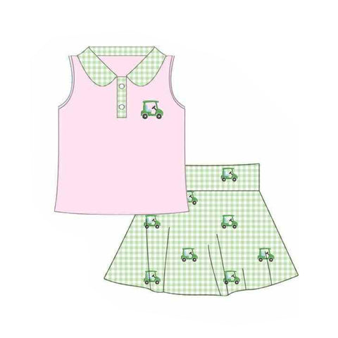 Preorder 12.14 MOQ 5 pcs GSD3120 Golf Cart Green Plaid Girls Skirt Set