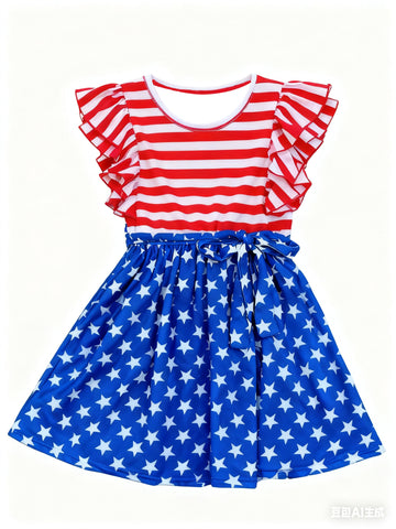 Preorder 12.14 MOQ 5 pcs 4th of July Star Stripe Girl's Dress