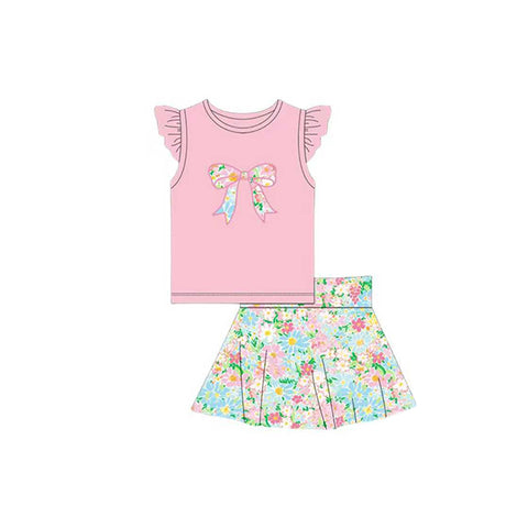 Preorder 12.14 MOQ 5 pcs GSD3134 Flower Bows Pink Girls Skirt Set