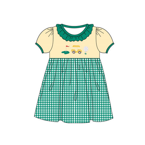 Preorder 12.15 MOQ 5 pcs Golf Cart Green Plaid Girl's Dress
