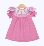 Preorder Samples GSD3178 Smocked Easter Cross Flower Pink Girl's Dress