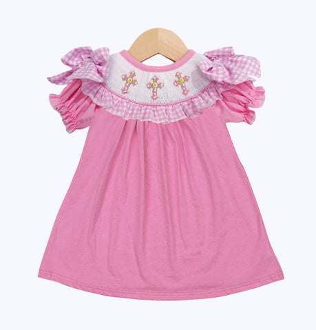 Preorder 12.20 MOQ 5 pcs Easter Cross Flower Pink Girl's Dress