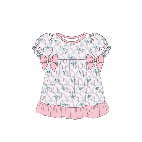 Preorder 12.25 MOQ 5 pcs 4th of July USA Flag Bows Pink Girl's Dress