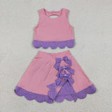 GSD3319 Princess Bows Scallop Edge Pink Purple Yoga Girls Skorts Set