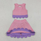 GSD3319 Princess Bows Scallop Edge Pink Purple Yoga Girls Skorts Set