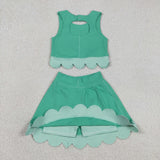 GSD3320 Princess Bows Plaid Scallop Edge Green Yoga Girls Skorts Outfits
