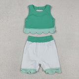 GSD3320 Princess Bows Plaid Scallop Edge Green Yoga Girls Skorts Outfits