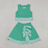 GSD3320 Princess Bows Plaid Scallop Edge Green Yoga Girls Skorts Outfits