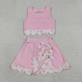 GSD3321 Princess Bows Scallop Edge Pink Yoga Girls Skorts Set