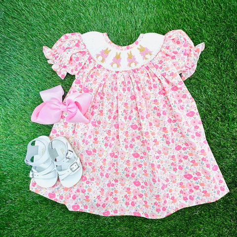 Preorder MOQ 5 pcs GSD3406 Easter Bunny Rabbit Flower Pink Girl's Dress