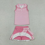 GSD3408 Pink Stripe Bows Polo Yoga Girls Skirt Set