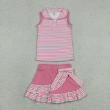 GSD3408 Pink Stripe Bows Polo Yoga Girls Skirt Set