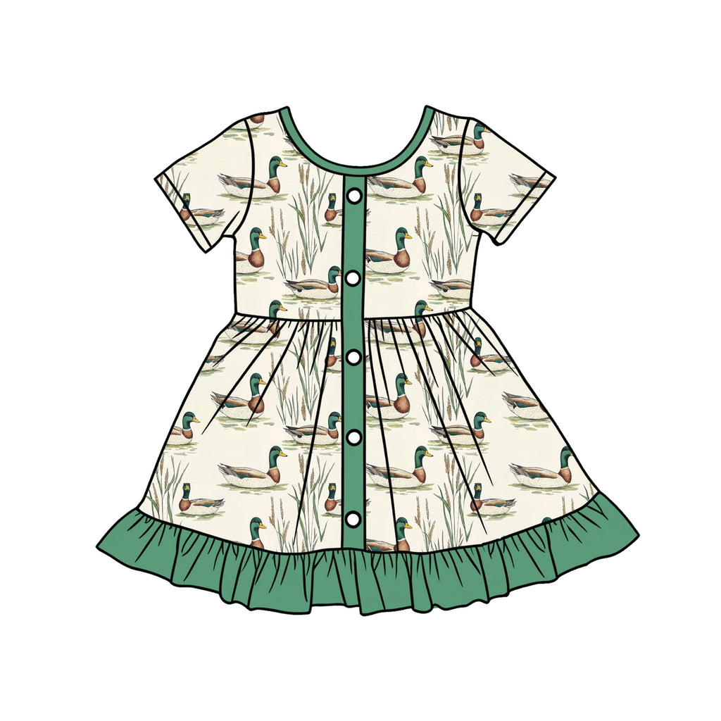 Preorder MOQ 5 pcs GSD3431 Mallard Ducks Green Girls Dress 6-7T