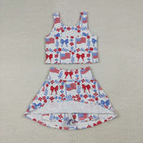 GSD3499 4th of July USA Flag Bows Yoga Girls Skorts Set