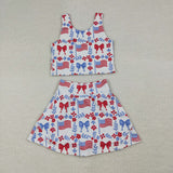 GSD3499 4th of July USA Flag Bows Yoga Girls Skorts Set