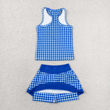 GSD3652 Blue Plaid Yoga Girls Skorts Set