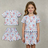 GSD3656 Baseball Bows Cute Scallop Edge Yoga Girls Skorts Set