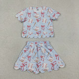 GSD3656 Baseball Bows Cute Scallop Edge Yoga Girls Skorts Set