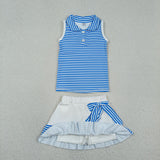 GSD3661 Blue Stripe Bows Ruffles Yoga Girls Skorts Set