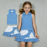GSD3661 Blue Stripe Bows Ruffles Yoga Girls Skorts Set