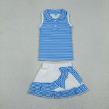 GSD3661 Blue Stripe Bows Ruffles Yoga Girls Skorts Set