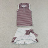 GSD3662 Stripe Bows Ruffles Yoga Girls Skorts Set