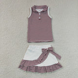 GSD3662 Stripe Bows Ruffles Yoga Girls Skorts Set