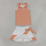 GSD3663 Orange Stripe Bows Ruffles Yoga Girls Skorts Set
