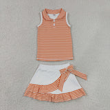 GSD3663 Orange Stripe Bows Ruffles Yoga Girls Skorts Set