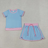 GSD3671 Solid Color Sky Blue Tennis Girls Skorts Set