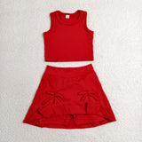 GSD3759 Solid Color Bows Red Yoga Girls Skorts Set