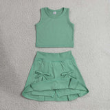 GSD3760 Solid Color Bows Green Yoga Girls Skorts Set