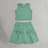 GSD3760 Solid Color Bows Green Yoga Girls Skorts Set