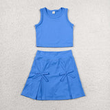 GSD3761 Solid Color Bows Blue Color Yoga Girls Skorts Set