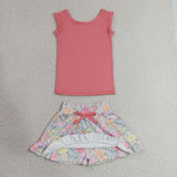 GSD3772 Flower Pink Ruffles Yoga Girls Skorts Set