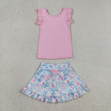 GSD3773 Flower Blue Pink Ruffles Yoga Girls Skorts Set