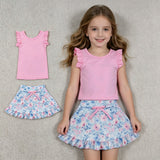GSD3773 Flower Blue Pink Ruffles Yoga Girls Skorts Set