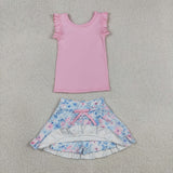 GSD3773 Flower Blue Pink Ruffles Yoga Girls Skorts Set