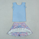 GSD3775 Mermaid Fish Scales Scallop Edge Yoga Girls Skorts Set