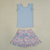 GSD3775 Mermaid Fish Scales Scallop Edge Yoga Girls Skorts Set