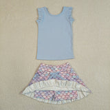 GSD3775 Mermaid Fish Scales Scallop Edge Yoga Girls Skorts Set
