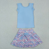 GSD3775 Mermaid Fish Scales Scallop Edge Yoga Girls Skorts Set