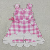 GSD3779 Pink Color Plaid Scallop Edge Yoga Girl's Dress Onesie