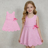 GSD3779 Pink Color Plaid Scallop Edge Yoga Girl's Dress Onesie