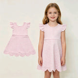 GSD3796 Pink Plaid Scallop Edge Yoga Girl's Dress Onesie