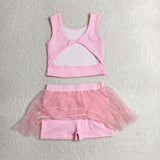 GSD3806 Solid Pink Tulle Princess Yoga Girls Skorts Set