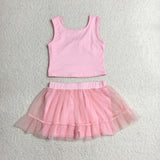 GSD3806 Solid Pink Tulle Princess Yoga Girls Skorts Set