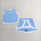 GSD3828 Solid Color Sky Blue Sports Girls Skorts Set