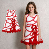 GSD3833 Baseball Bows Red Scallop Edge Yoga Girl's Dress Onesie